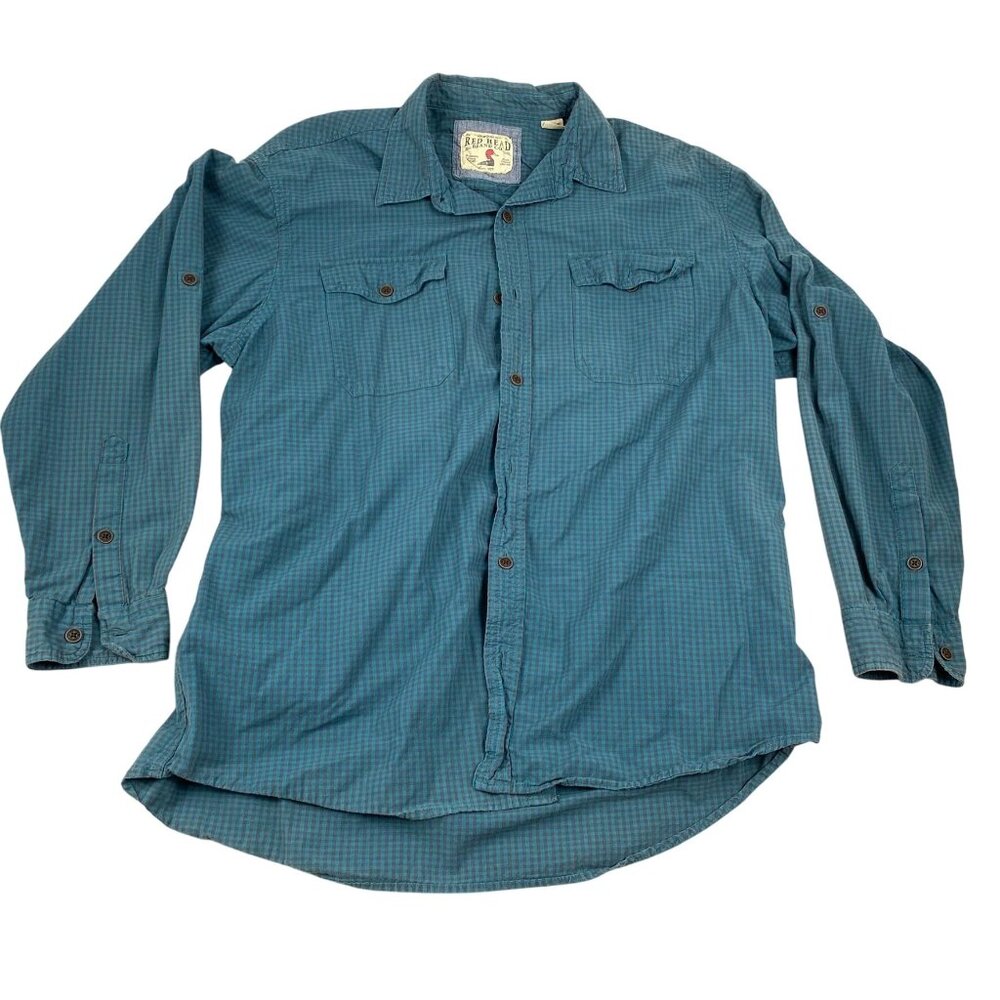 RedHead Mens Shirt XL Blue & Brown Plaid Long Sleeve Button-Up 100% Cotton Casua